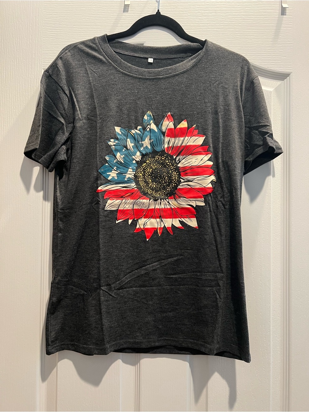 Women's Black Short Sleeve Tee with American Flag Sunflower Graphic